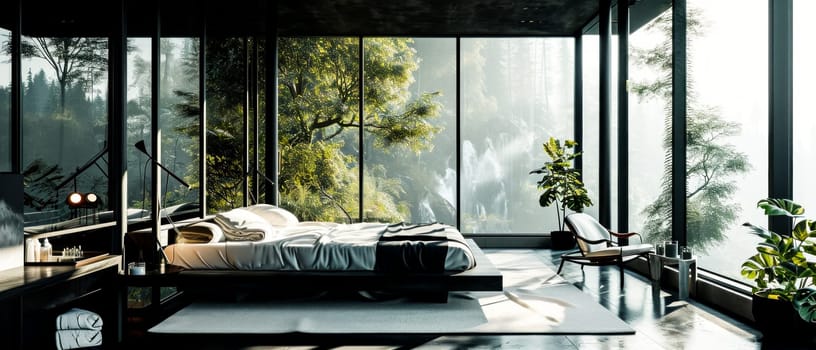 Forest View Modern Bedroom. A luxurious bedroom with panoramic windows overlooking a dense forest, bathed in sunlight.