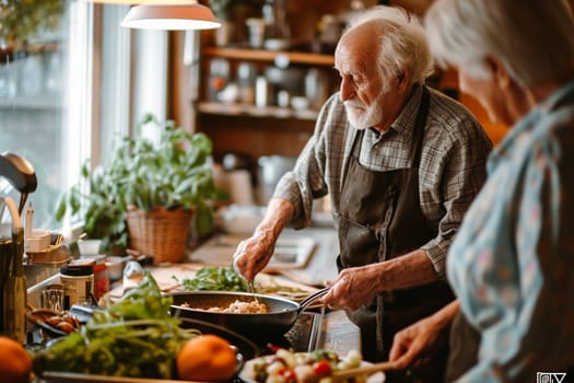 elderly couple preparing food.An elderly man with a beard cooks in a homely kitchen filled with plants, showcasing home cooking.