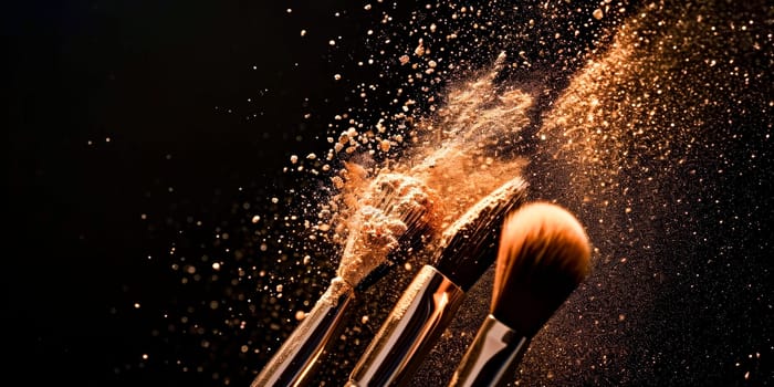 Close-up of makeup brushes casting a shower of sparkling powder against a dark backdrop, creating a cosmic effect.