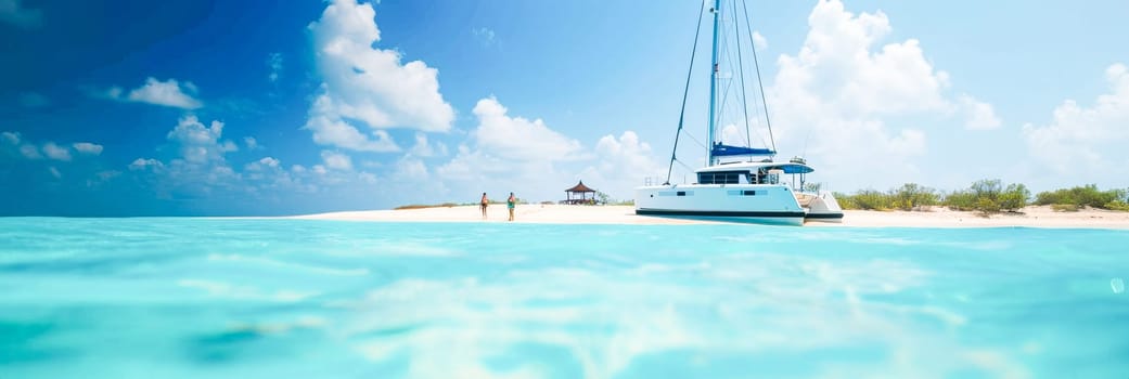 Catamaran in turquoise waters under a blue sky, people enjoying the sea. Copy space.travel and tourism advertising