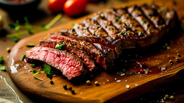 A succulent sliced steak cooked to perfection, seasoned with herbs, on a wooden cutting board, embodying gourmet culinary art.