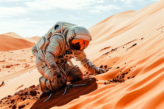An astronaut in a detailed suit kneels on reddish sand on the red planet among the sand dunes. Copy space.
