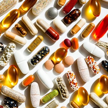 A close-up view of various dietary supplements and vitamins in capsule and tablet forms.