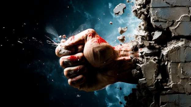 A powerful fist breaking through a concrete wall symbolizes strength and breakthrough. Copy space.The power released breaks down barriers. Motivational content, stories of overcoming obstacles