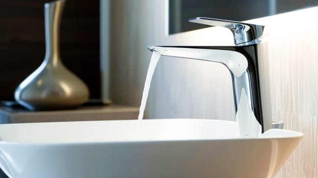 Close-up of a modern, chrome faucet with running water in a stylish bathroom setting.