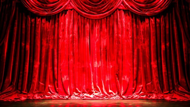 Luxurious deep red velvet curtains of a grand theater stage ready for a performance..