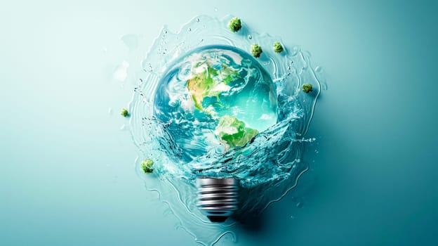 Creative concept of a lightbulb with the Earth and water splash, representing eco-friendly energy ideas.