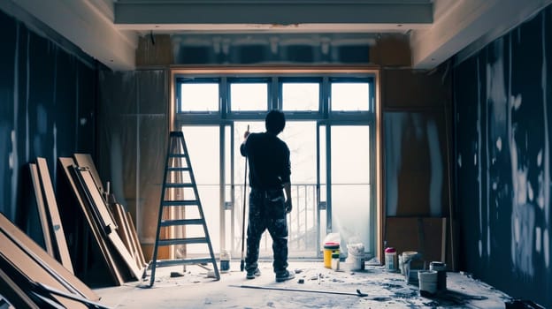 The silhouette of a professional craftsman stands in front of the window and contemplates the unfinished work in the room being renovated.