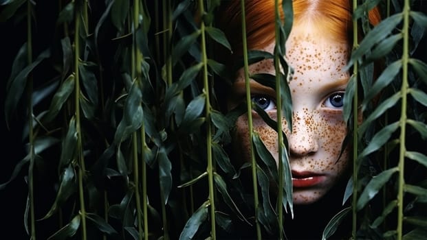 A close-up of a child looking through bamboo leaves, her eyes reflecting a sense of wonder and curiosity.