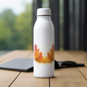 An eco-friendly water bottle with an autumn leaf design on a wooden table, accompanied by a laptop