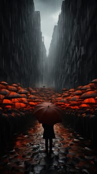 Rainy Solitude. A solitary figure stands among red umbrellas on a rainy street, evoking a feeling of solitude amidst the crowd.