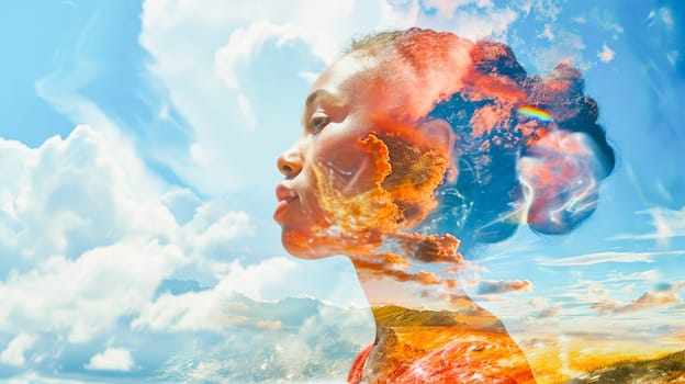 A composite image blending a woman's profile with vibrant clouds and landscapes. Copy space.Essence of a Dreamer.