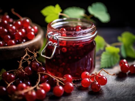Jar of homemade red currant jam surrounded by fresh berries and leaves on a rustic table.