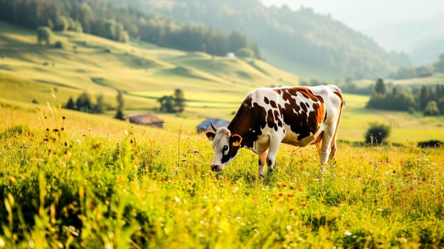 spotted cow grazing on a green farm meadow. bathed in golden sunlight, against a picturesque backdrop.