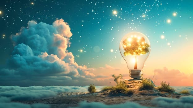 A surreal image of a light bulb with a tree inside against a dreamy starry sky.