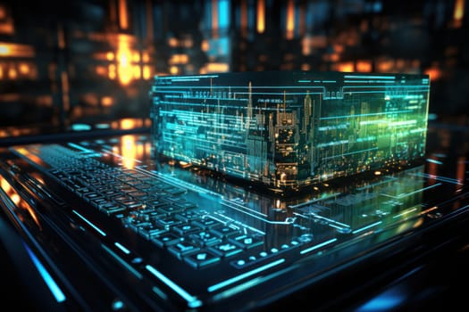 A vibrant holographic projection of a data cityscape over a laptop keyboard, symbolizing advanced technology and cyber connection.
