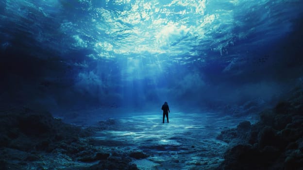 A solitary figure stands in a mystical underwater cave with light filtering from above, creating an ethereal atmosphere.