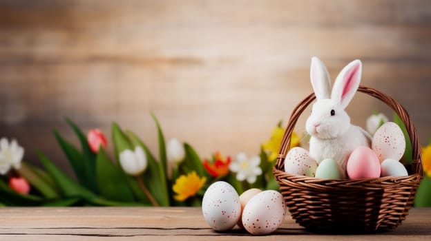 A stuffed Easter bunny sits next to a basket of decorated eggs and spring flowers, creating a spring holiday atmosphere.The Easter Bunny and the Egg Basket.