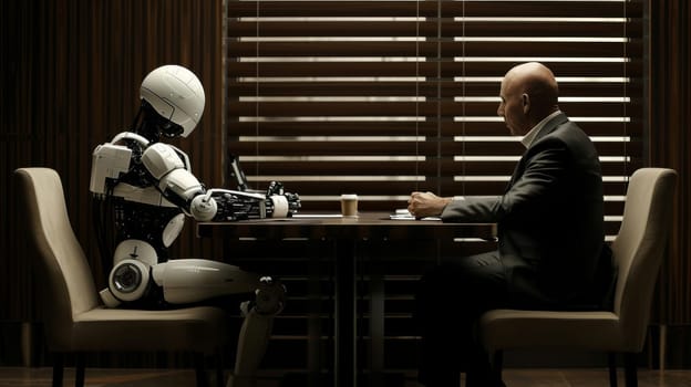 A man and a robot are sitting opposite each other at a table and are apparently having serious business negotiations.