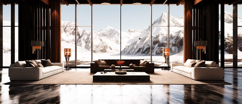 Luxurious lounge with expansive windows showcasing a breathtaking mountain view, embodying upscale living.