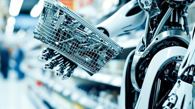 the robot holds a basket with screws and bolts against the background of store shelves, the robot buys spare parts.