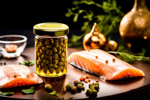 Fresh salmon fillets paired with green capers, ready for a culinary masterpiece, set on a warm, rustic backdrop with soft lighting