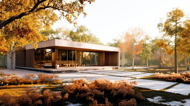 Modern glass pavilion surrounded by trees with autumn foliage in a tranquil park setting, bathed in golden light.