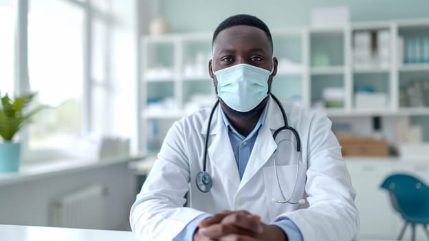young african american doctor in a medical mask at a white table in a spacious white medical office