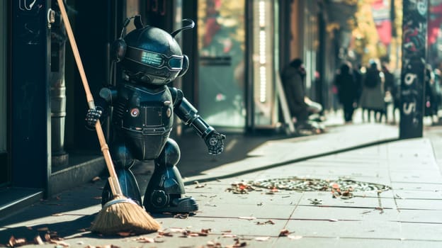An old robot with a broom cleans the sidewalk in an urban environment, symbolizing automated maintenance.
