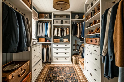 A well-organized classic wardrobe with various clothes and accessories, exuding a cozy, stylish interior.