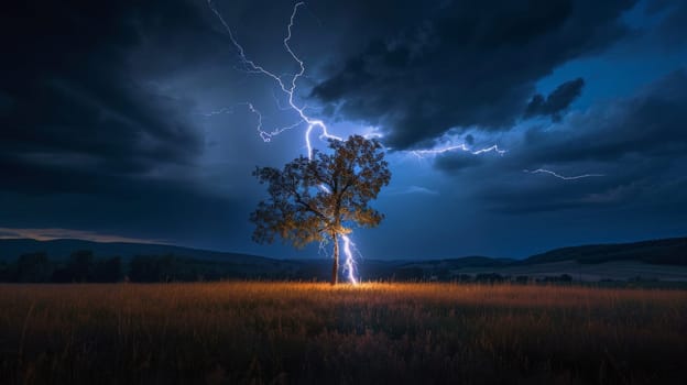 A lone tree stands in a field, illuminated by the stark contrast of lightning against a tumultuous night sky, highlighting nature's drama.