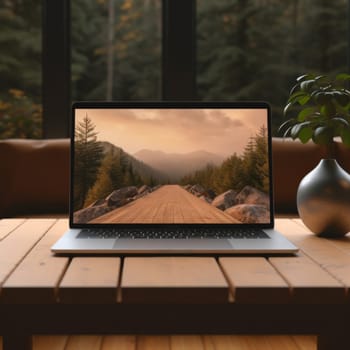 A laptop on a wooden table depicting a serene forest road  a concept that combines indoor comfort with the charm of nature.