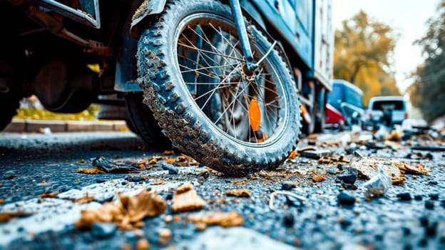 Close-up of a dirty bicycle tire on a wet city street with autumn leaves scattered around, reminiscent of traffic safety on a rainy day in the city.