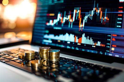 Laptop screen displaying vibrant stock market data with stacks of coins for financial growth concept. Bokeh background.