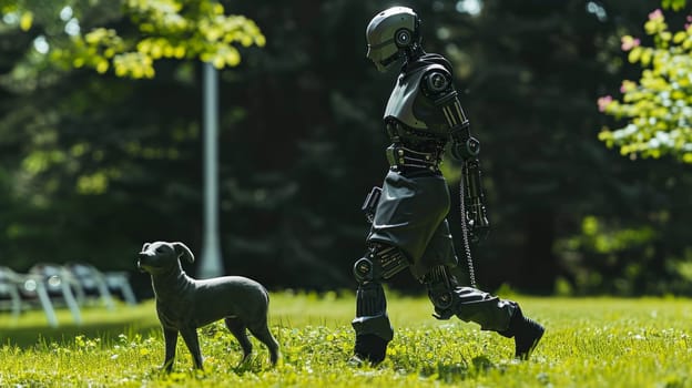 A robot dressed in stylish clothing walks a dog in the park, demonstrating the combination of technology with everyday tasks and pet care.