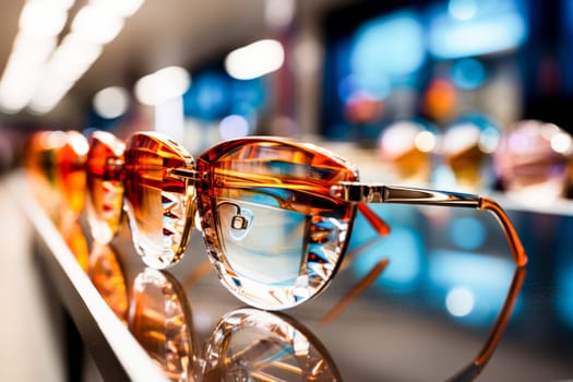 Close-up of stylish glasses with reflective lenses on a glowing display.