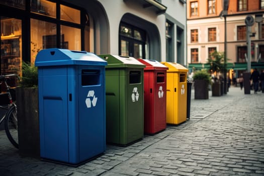 Colorful trash cans lined the cobblestone street highlight eco-friendly practices in an urban setting.