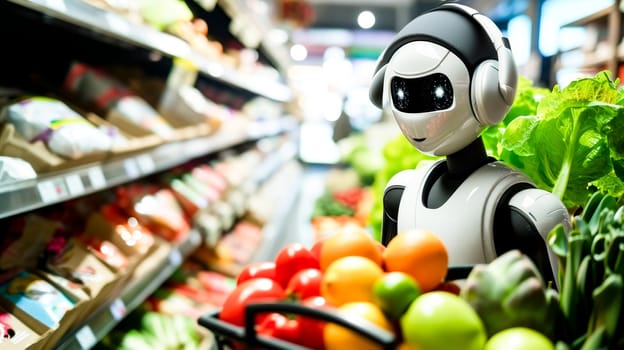 A robot assistant picking out fresh vegetables at the grocery store, depicting the intersection of artificial intelligence and everyday life.