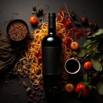 Artfully arranged pasta, wine, and spices, suggesting a gourmet meal . copy space