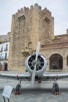 Caceres, Spain - May 27th, 2021: North American Aviation T-6 Texan. Spanish military aviation exhibition. Caceres main square, Spain
