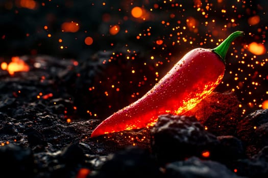 A red chili pepper glowing with heat on dark volcanic rocks, surrounded by embers and sparks.