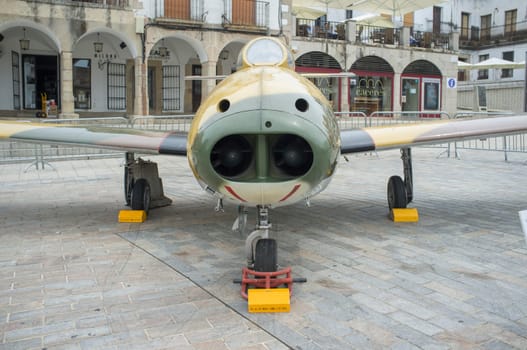 Caceres, Spain - May 27th, 2021: Hispano HA-200 Saeta. Spanish military aviation exhibition, Caceres Main Square, Spain