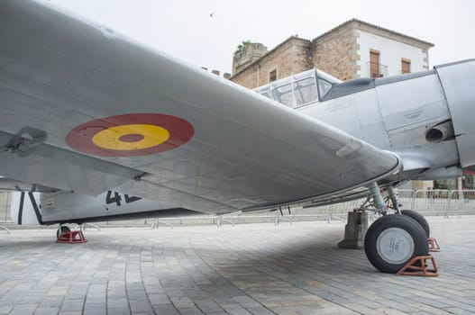 Caceres, Spain - May 27th, 2021: North American Aviation T-6 Texan. Spanish military aviation exhibition. Caceres main square, Spain