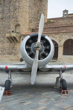 Caceres, Spain - May 27th, 2021: North American Aviation T-6 Texan. Spanish military aviation exhibition. Caceres main square, Spain