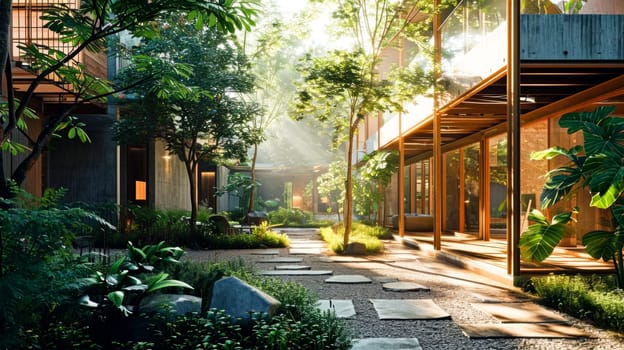 A quiet garden path surrounded by lush foliage and modern architecture creates a feeling of tranquility and connection with nature.