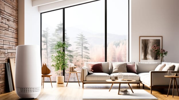 Contemporary living room filled with light and greenery, air freshener or dehumidifier and with large windows overlooking the forest, copy space.