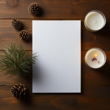 Flat blank canvas surrounded by pinecones and candles, with copy space.