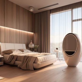 A modern bedroom featuring a sleek sleep pod, symbolizing cutting-edge technology in home comfort.with dehumidifier or humidifier