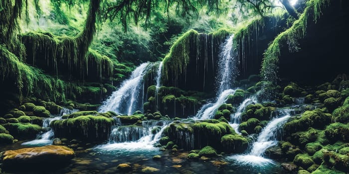 Enchanted Waterfall. A waterfall cascades down moss-covered rocks, revealing a secret grotto behind its veil. Crystal-clear water sparkles with hints of magic, and colorful flowers bloom along the banks.