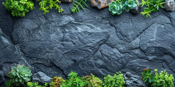 Top view of green plants on black stone background with copy space.